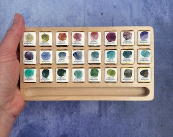 POPULAR SET  Handmade Maple open watercolor palette with  24 wells and 24 granulating half pans /granulating watercolors