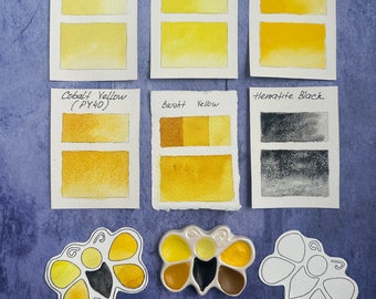 Small   ceramic palette with HONEY BEE yellow colors set Handmade granulating watercolors sample set