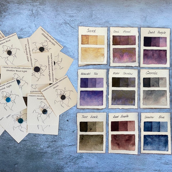 Dark Granulating Watercolor Sample Dots - Set #2 ( small blobs of paint on paper to try color )