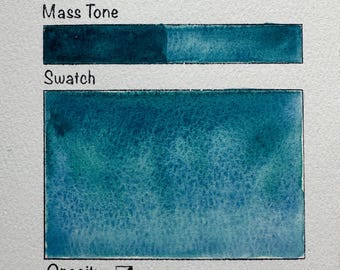 Può includere: Una scheda campione di acquerello etichettata MashasWatercolors, colore Ocean Wave, pigmento PB27, PB28, PG7. Presenta una barra rettangolare di tono pieno e un'area campione più ampia che mostra una sfumatura blu verde acqua. Include dati stampati su opacità, resistenza alla luce, macchiabilità e tossicità.