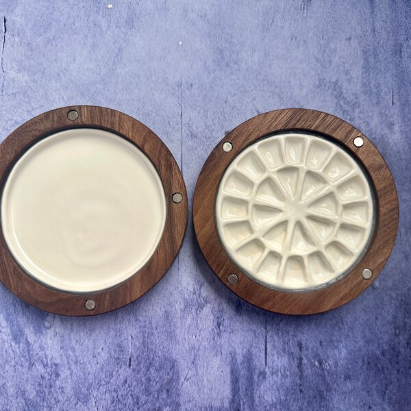 Premium walnut handmade watercolor palette with 24  wells ceramic palette and ceramic mixing area.