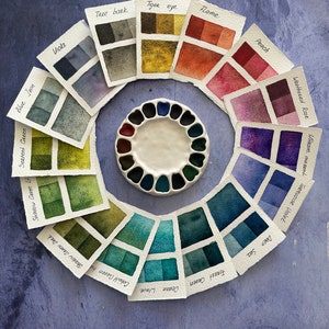 Könnte beinhalten: Kreisförmige Anordnung von Aquarellfarbmustern mit einer Keramikpalette in der Mitte. Die Farbmuster zeigen verschiedene Farben, darunter "Tree bark", "Tiger eye" und "Flame". Die Palette hat mehrere Vertiefungen, die mit dunkelblauer Farbe gefüllt sind.
