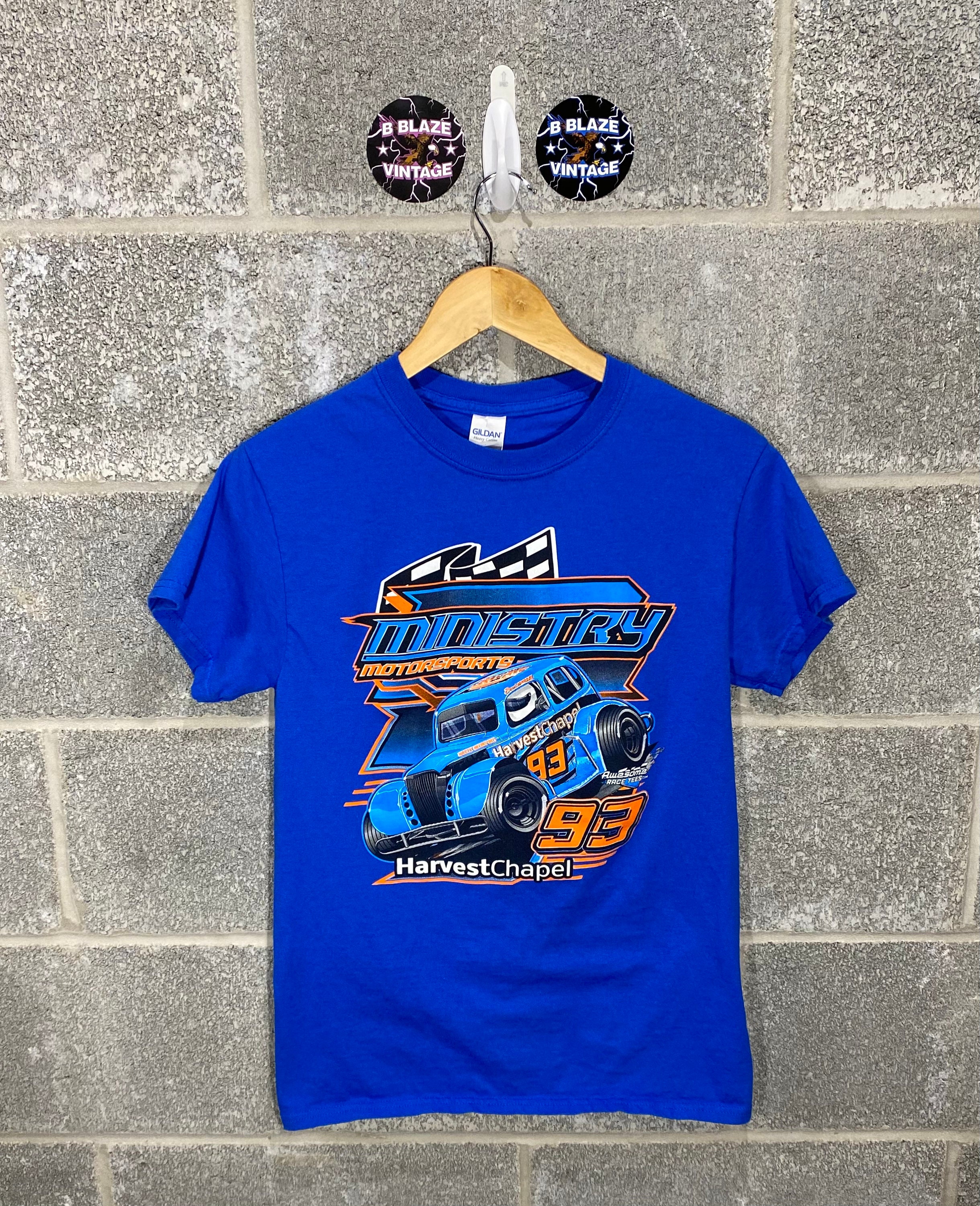Vintage Y2K 2000s Ministry Motorsports Legends Car Dirt Track Racing Blue Graphic T-Shirt