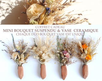 Mini hanging bouquet vase - mini ceramic wall vase and dried bouquet including handmade "plant paper" flowers - organic gift