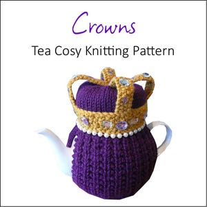 May include: Purple knitted tea cozy with a gold crown on top. The crown is decorated with clear rhinestones and white pearls. The tea cozy is shaped like a teapot.