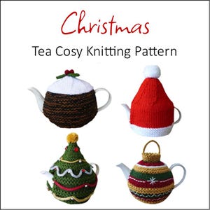 May include: Four knitted tea cosy patterns for Christmas. The patterns include a Christmas pudding, a Santa hat, a Christmas tree, and a Christmas bauble.