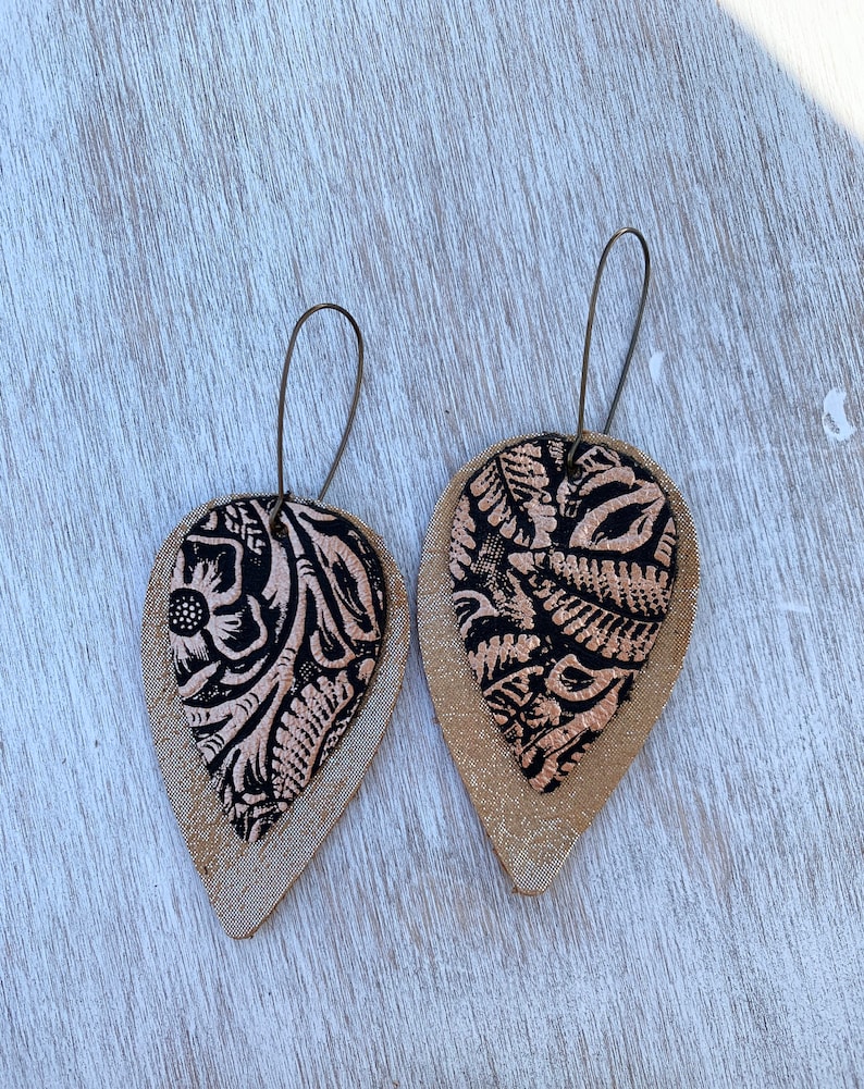 Embossed Metallic Leather Gold And Black Earrings Leaf Shaped Leather Metallic Embossed Earrings. Layered Leather Embossed Earrings