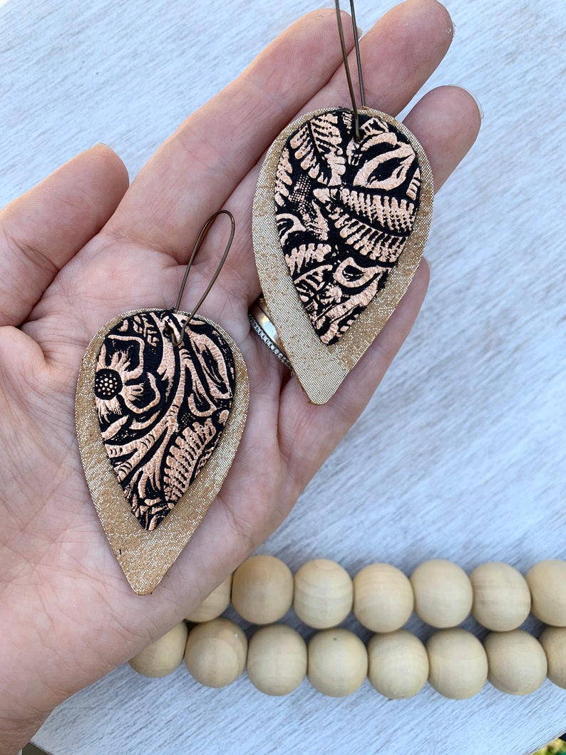 Embossed Metallic Leather Gold And Black Earrings Leaf Shaped Leather Metallic Embossed Earrings. Layered Leather Embossed Earrings