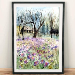 Ukraine countryside landscape painting Original watercolor painting Ukraine village painting Original artwork Crocuses in the Carpathians