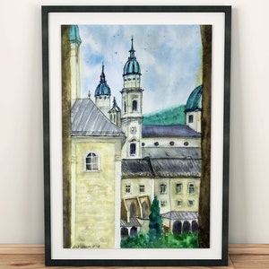 Salzburg painting Original watercolor painting St Peters Abbey Salzburg painting Austria citycape Original artwork Salzburg artwork