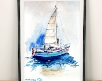 オリジナル帆船水彩画：海岸の海景アート（12 x 16インチ） - Etsy 日本
