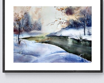 冬の森のオリジナル水彩画 凍った川の絵 冬の川の風景の水彩画 氷の