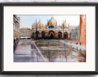 Obras de arte italianas Pintura de Venecia Acuarela original Obras de arte de la Basílica de San Marcos Arte de Venecia Obras de arte de la Plaza de San Marcos Arte mural italiano