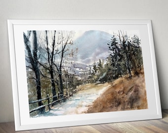 雪山の頂上 オリジナル水彩画 冬の風景 手描きの雪山 手描きの水彩画