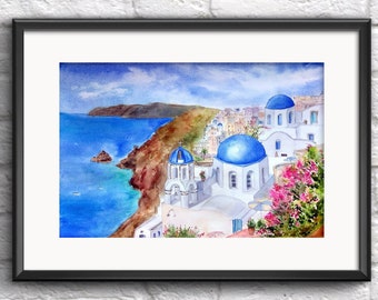 サントリーニ島 水彩画 ギリシャ オリジナル絵画 オーダーメイド 旅行