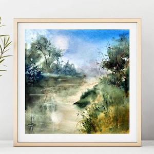 Rivierschilderij Origineel aquarelschilderij Rivierlandschapsschilderij Rivierwaterverfkunst Origineel kunstwerk Zomerwaterverfschilderij
