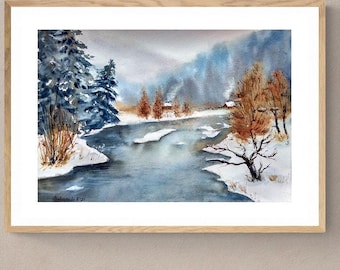 冬の山の風景、雪に覆われた丘のオリジナルの水彩画、雪景色、アルプス