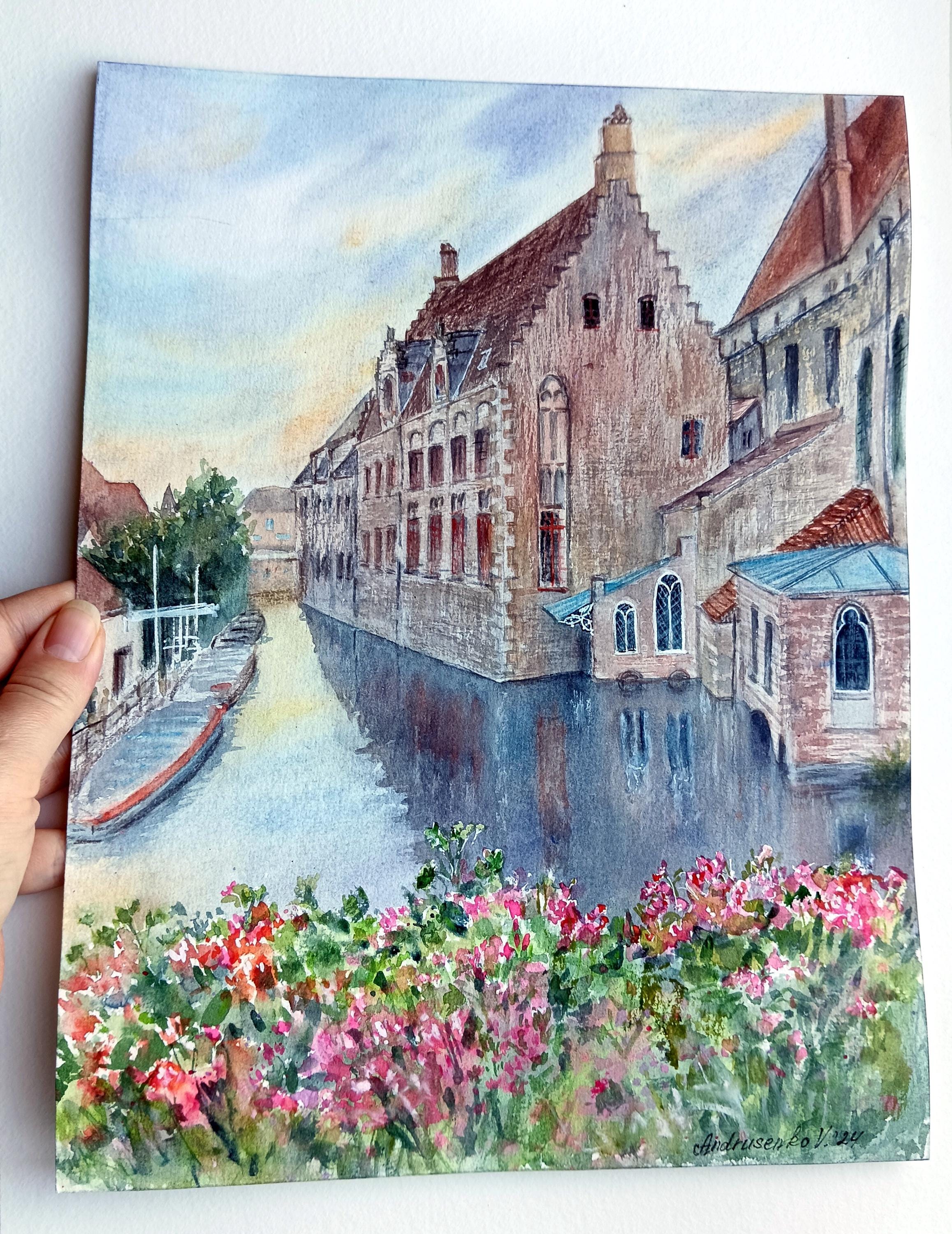 ブルージュの絵画 オリジナルの水彩画 ブルージュの街並み オリジナル