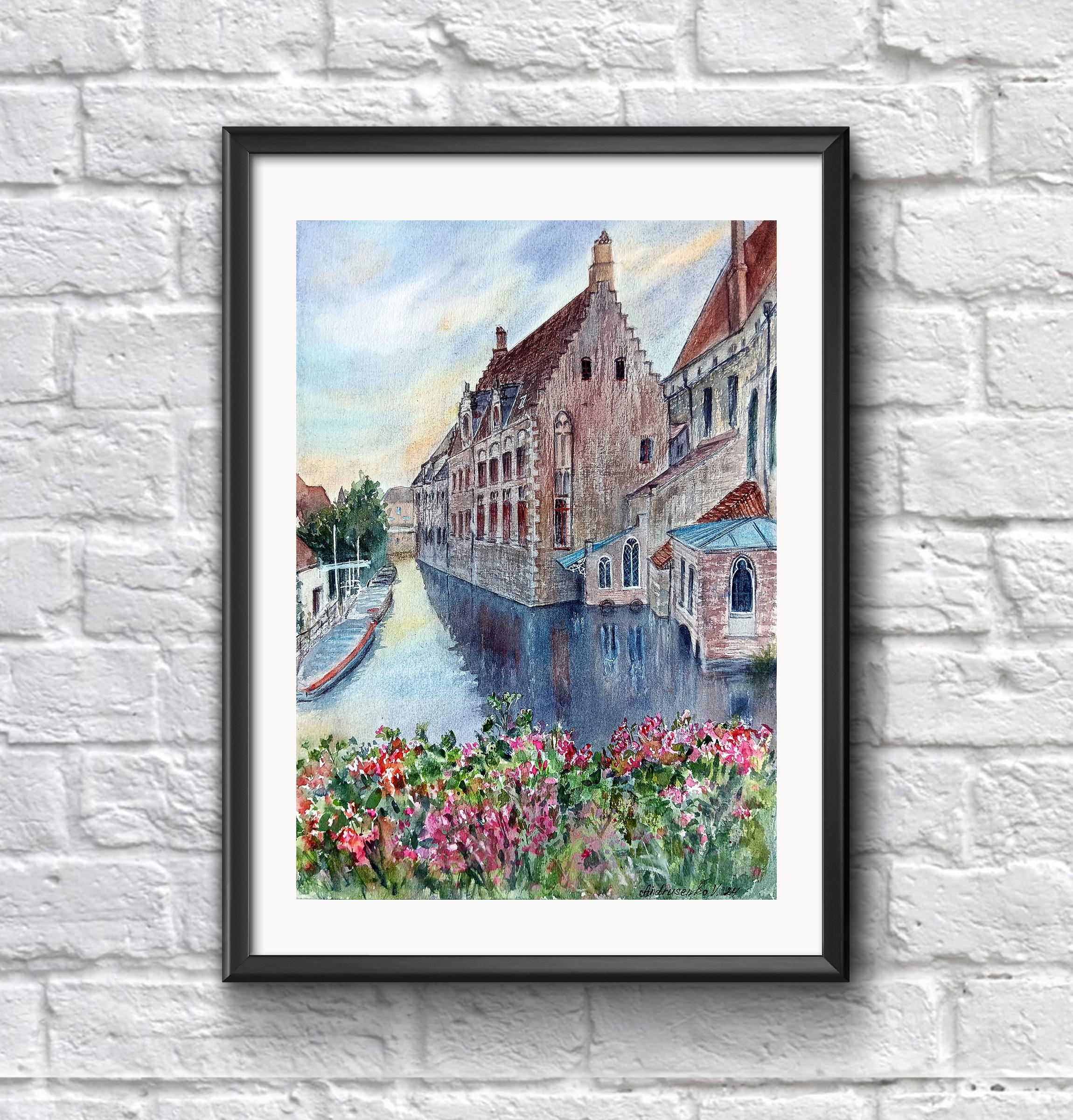 ブルージュの絵画 オリジナルの水彩画 ブルージュの街並み オリジナル