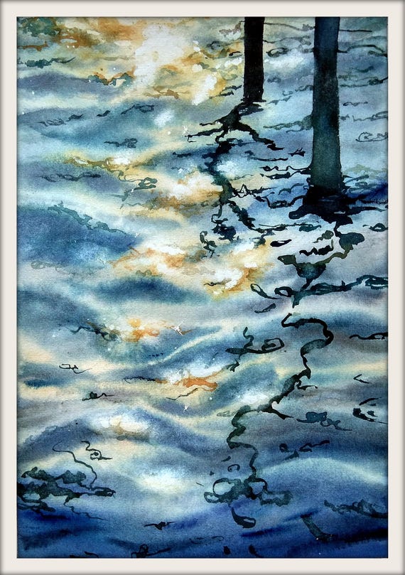 水の反射、太陽の光が輝く水彩画、太陽に照らされた波、オリジナル 
