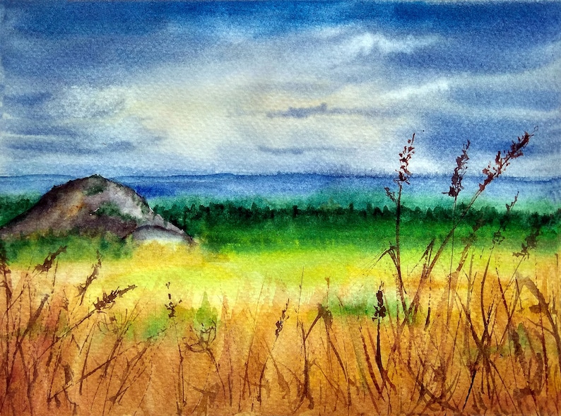 Wild grass painting Field landscape watercolor artwork Rural Etsy