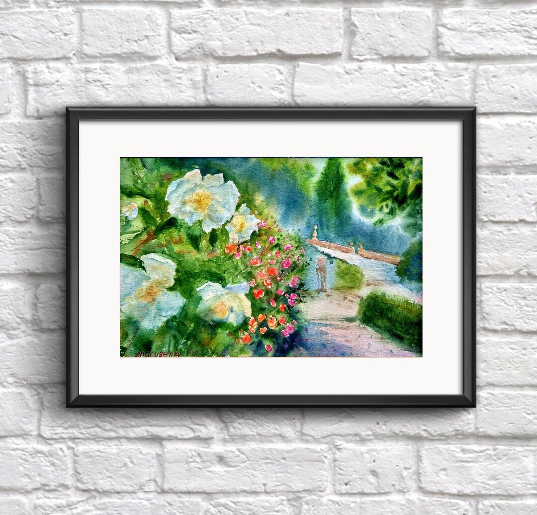 Original Watercolor Painting Rose Garden Painting White Roses ...