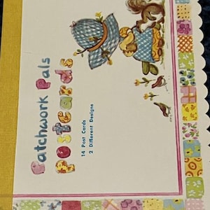 May include: A set of 14 postcards featuring a patchwork design with a girl and a squirrel. The text on the front reads "Patchwork Pals Postcards 14 Post Cards 2 Different Designs".