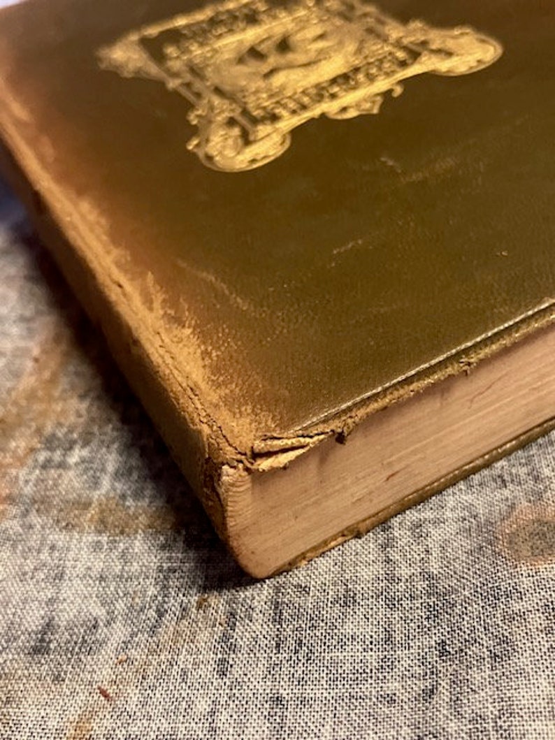 Pu&ograve; includere: Primo piano del dorso di un libro usurato, rilegato in pelle verde con lettere dorate e un disegno decorativo. Il libro &egrave; appoggiato su una superficie di tessuto strutturato.