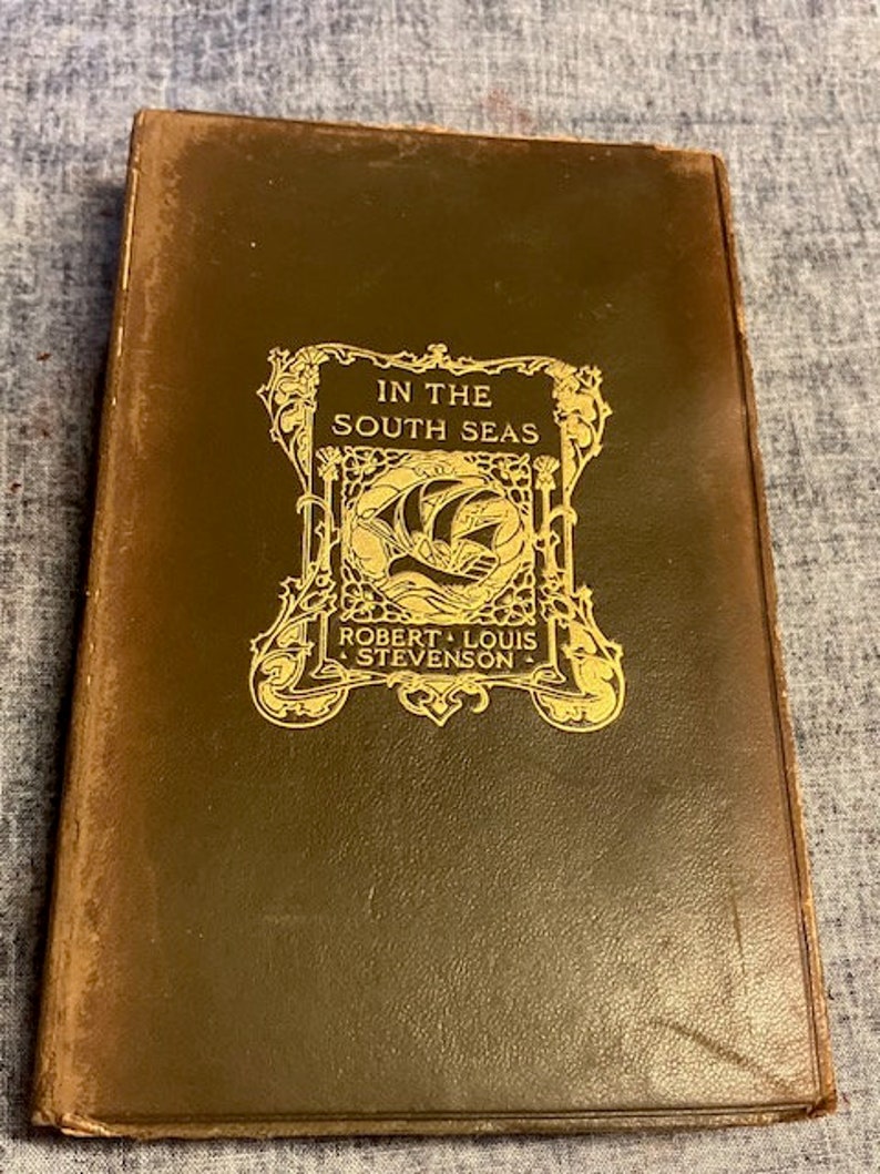 Pu&ograve; includere: Un libro rilegato in pelle marrone con lettere dorate sulla copertina. Il titolo &egrave; "Nei mari del sud" di Robert Louis Stevenson.