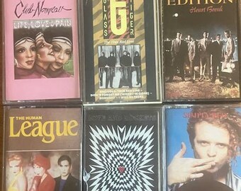 May include: A collection of six vintage cassette tapes. The tapes feature album art with various designs and colors, including portraits, geometric patterns, and band photos. Titles include "Life, Love & Pain," "Glass Tiger," and "Heart Break."