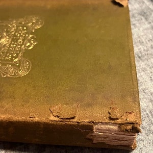 Pu&ograve; includere: Un libro rilegato verde usurato con dettagli dorati sulla copertina. Il libro mostra segni di et&agrave; e usura, con parte della copertina che si stacca.