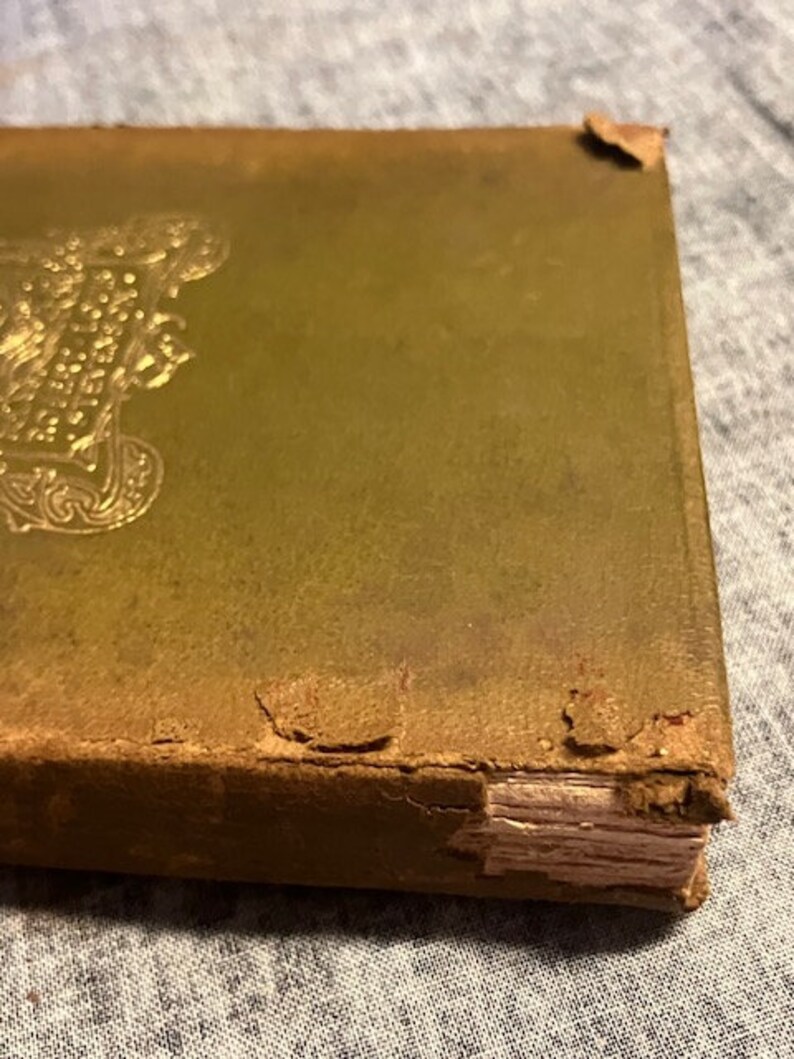 Pu&ograve; includere: Un libro rilegato verde usurato con dettagli dorati sulla copertina. Il libro mostra segni di et&agrave; e usura, con parte della copertina che si stacca.