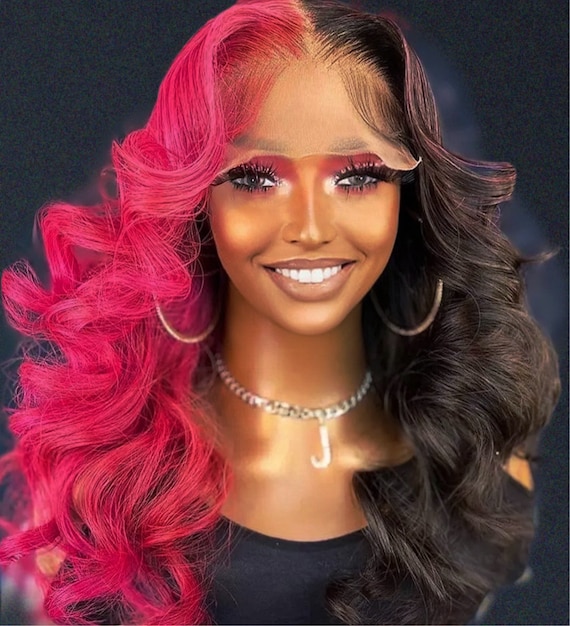 Real 100% Human HAIR. Half Pink Black Wavy Lace Front Wig. - Etsy Finland