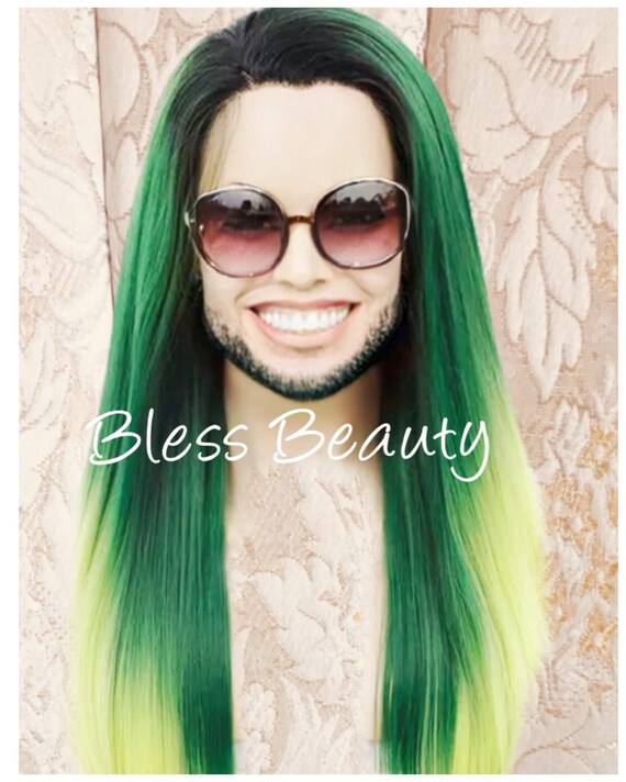 Black Root Green Yellow Ombre Lace Front Wig Heat Safe Etsy