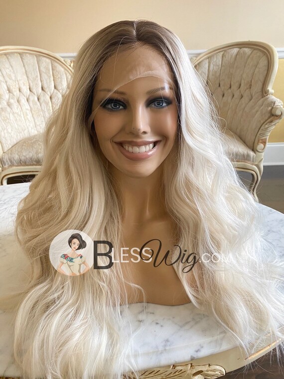 Blesswig READY TO Ship platinum Blonde With Dark Root. Curly Lace