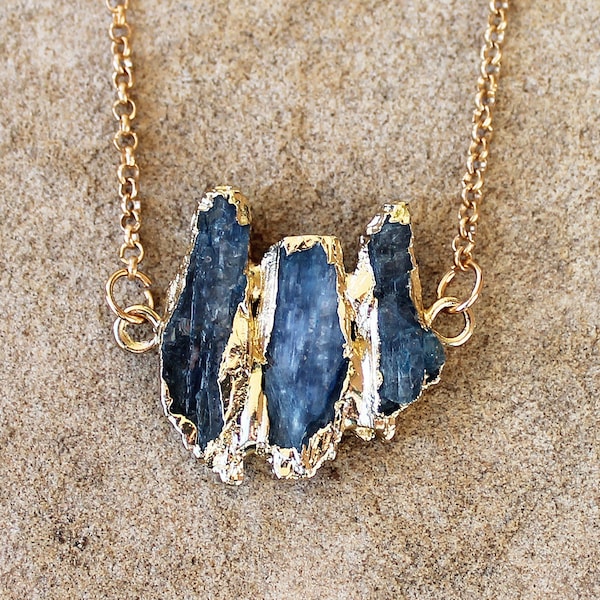 Gold Edged Rough Blue Kyanite Semi Precious Pendant - custom chain length available