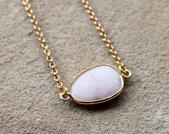 Gold Edged Semi Precious Pink Opal Vein Agate Natural Stone Pendant - custom chain length available