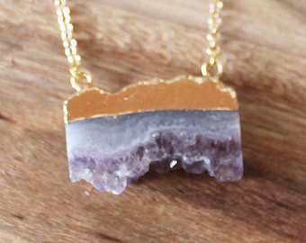 Gold Edged Semi Precious Druzy Amethyst Natural Stone Pendant - custom chain length available