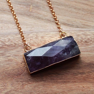 MULTI STONES: Gold Edged Semi Precious Rectangle Bar Natural Stone Pendant - Jade, Amethyst, Lemon Quartz, Tiger Eye, or Black Agate