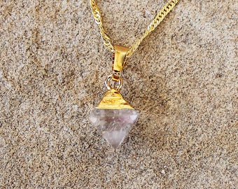 Tiny Gold Edged Diamond Shaped Natural Semi Precious Clear Quartz Stone Pendant