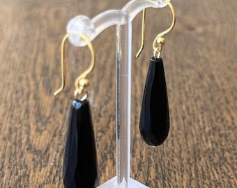 Handmade Black Teardrop Earrings | Minimalist Sleek Gemstone Waterdrop Dangle Jewellery | Black Onyx or Smokey Quartz | Gold or Silver
