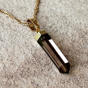 Small Hexagonal Pointed Smokey Quartz Natural Stone Pendant in Gold