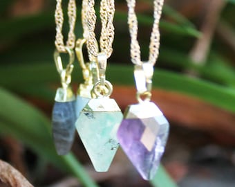 MULTI STONES: Tiny Gold Arrow Natural Semi Precious Faceted Natural Stone Pendant - Aquamarine, Amethyst, Labradorite or Prehnite