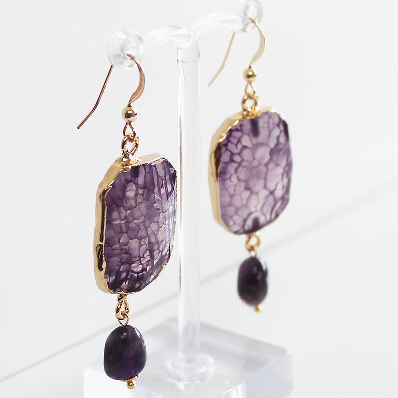 Purple or Blue Pink Unusual 18K Gold Plated Dragons Vein Agate Semi Precious Natural Stone Earrings MULTI COLOURS