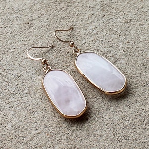 Gold Edged Oval Shaped Semi Precious Pink Rose Quartz Stone Earrings