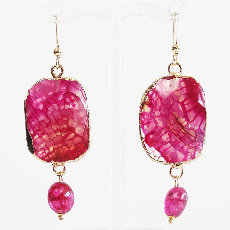 Purple or Blue Pink Unusual 18K Gold Plated Dragons Vein Agate Semi Precious Natural Stone Earrings MULTI COLOURS