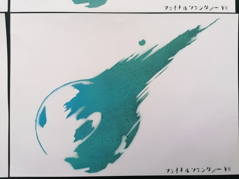 May include: A teal and blue spray paint stencil of the Final Fantasy VII logo. The logo is a stylized sphere with a comet tail.