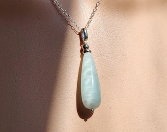 Blue Celestite Teardrop Pendant Necklace, Available in Sterling Silver or Stainless Steel