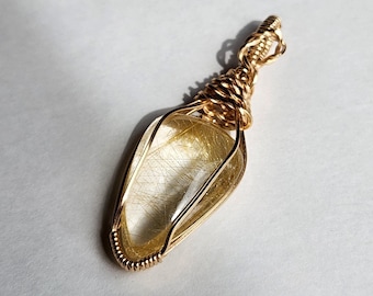 Gem Quality Golden Rutilated Quartz Wire Wrapped Pendant, Gold Gemstone Necklace