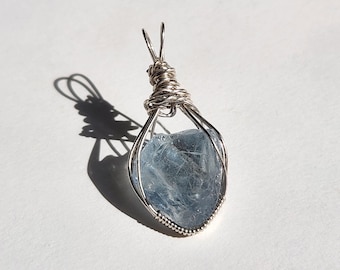 Wire Wrapped Blue Celestite/Celestine Pendant with Sterling Silver Cable Chain